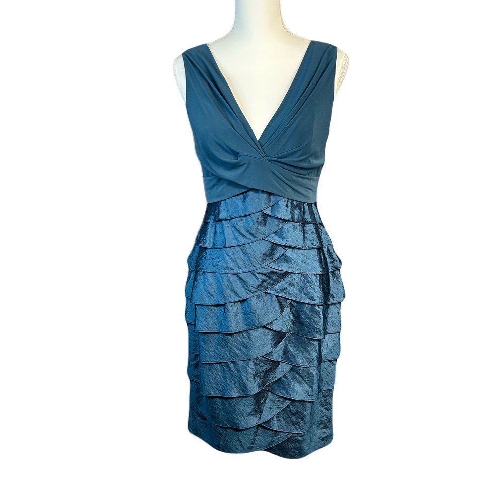 Dressbarn Cocktail Party Dress Size 10 V Neck‎ Metallic Tiered Sheath Teal Blue